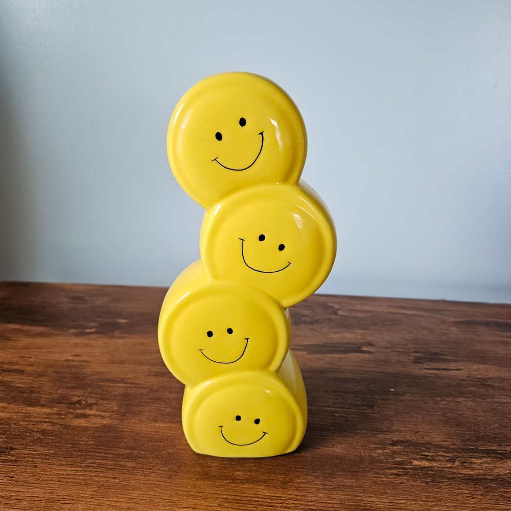 Vintage FIB Yellow Ceramic Stacked Smiley Face Bud Vase Retro Home Decor